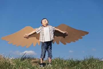 Image showing Little boy playing with cardboard toy wings in the park at the d