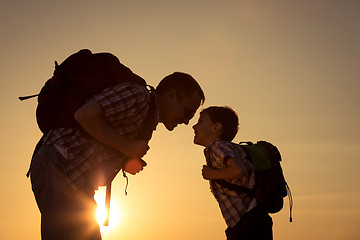 Image showing Father and son walking on the field at the sunset time.