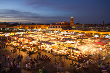 Image showing Jamaa el Fna market square at dusk, Marrakesh, Morocco, north Africa.