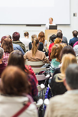 Image showing Woman giving presentation in lecture hall at university.