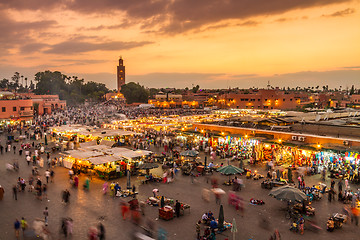 Image showing Jamaa el Fna market square in sunset, Marrakesh, Morocco, north Africa.