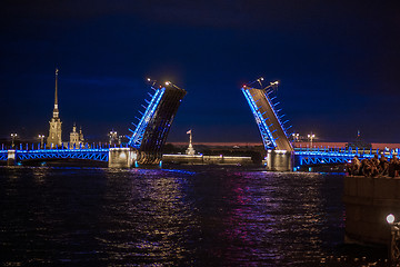 Image showing View on raised Palace bridge in summer white nights, Saint Peter