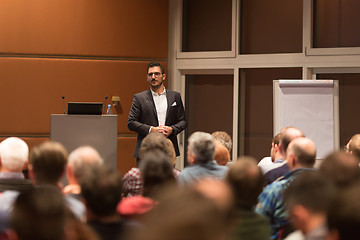 Image showing Business speaker giving a talk at conference meeting.