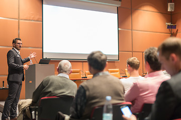 Image showing Business speaker giving a talk at business conference event.