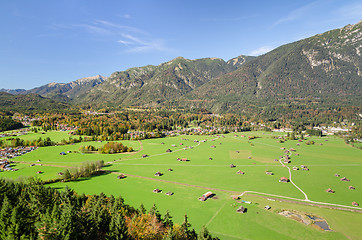 Image showing Alpine aerial view of Bavarian valley with green pastureland