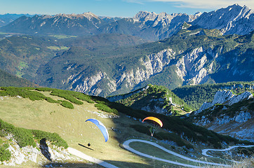 Image showing Pair paraplanes launching and soaring in Bavarian Alps mountains