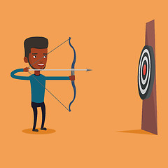 Image showing Archer aiming with bow and arrow at the target.