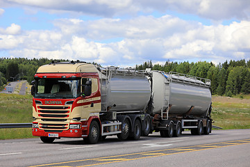 Image showing Colorful Scania R520 Tank Truck on Summer Highway