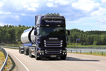 Image showing Purple Scania Tank Truck on Bridge