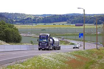 Image showing Purple Scania Tank Truck Trucking at Summer