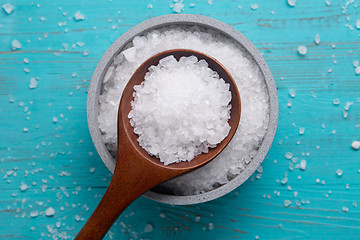 Image showing sea salt in stone bowl and wooden spoon