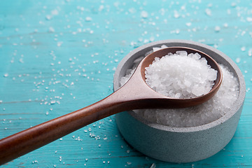 Image showing sea salt in stone bowl and wooden spoon