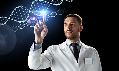 Image showing doctor or scientist in white coat with dna