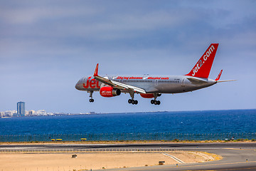 Image showing ARECIFE, SPAIN - APRIL, 15 2017: Boeing 757 - 200 of JET2 with t