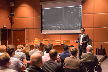 Image showing Business speaker giving a talk at business conference event.