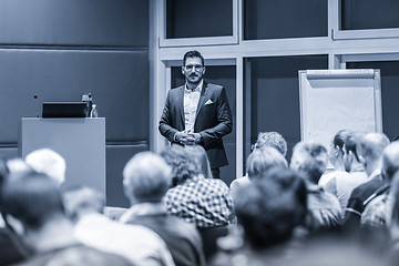 Image showing Business speaker giving a talk at conference meeting.