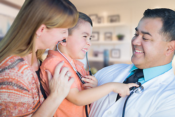 Image showing Young Boy and Mother Visiting with Hispanic Doctor in Office