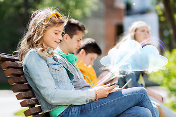 Image showing happy girl with tablet pc computer outdoors