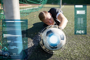 Image showing goalkeeper with ball at football goal on field