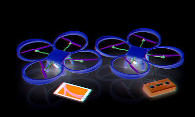 Image showing Drone, remote controller and tablet PC. Anaglyph. View with red/