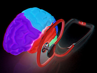 Image showing stethoscope and brain. 3d illustration. Anaglyph. View with red/