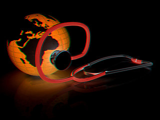 Image showing stethoscope and globe.3d illustration. Anaglyph. View with red/c