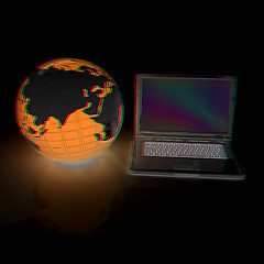 Image showing Laptop and Earth. 3d illustration. Anaglyph. View with red/cyan 