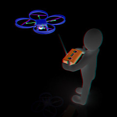 Image showing 3d man with drone, quadrocopter, with photo camera. 3d render. 3