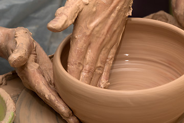 Image showing Process of making clay bowl on pottery wheel