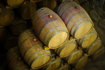 Image showing wood wine barrels in a winery