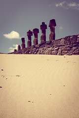 Image showing Moais statues site ahu Nao Nao on anakena beach, easter island