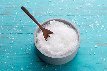 Image showing sea salt on wooden background