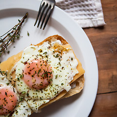 Image showing Scrambled eggs with cheese on bread, close up view