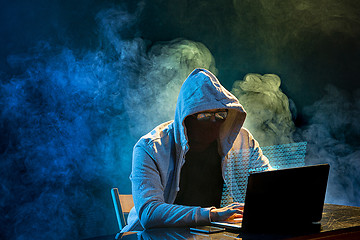 Image showing Hooded computer hacker stealing information with laptop