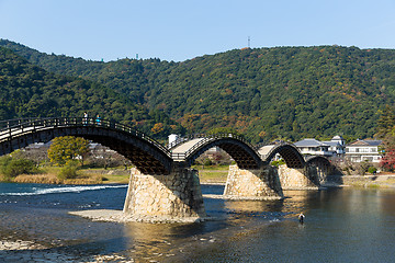 Image showing Arched pedestrian Kintai Bridge in Japan