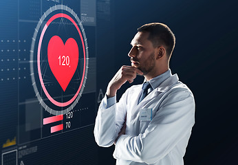 Image showing doctor or scientist in white coat with heart rate