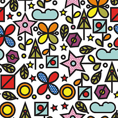 Image showing Doodle style seamless pattern with flowers and other nature elem