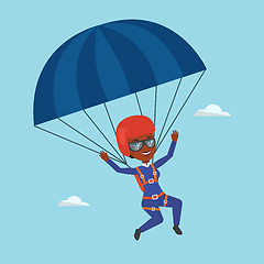 Image showing Young happy woman flying with parachute.