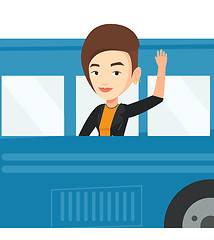 Image showing Woman waving hand from bus window.