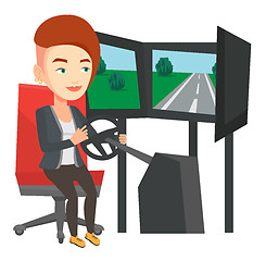 Image showing Woman playing video game with gaming wheel.