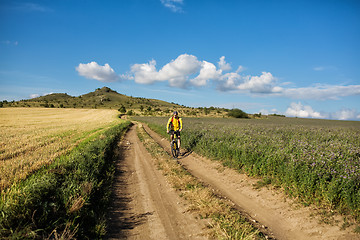 Image showing Man in helmet and glasses stay on the bicycle