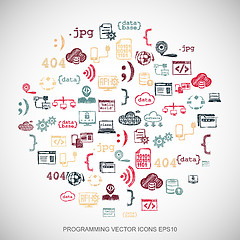 Image showing Multicolor doodles Hand Drawn Programming Icons set on White. EPS10 vector illustration.