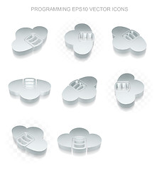 Image showing Software icons set: different views of metallic Database With Cloud, transparent shadow, EPS 10 vector.