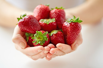 Image showing close up of young woman hands holding strawberries