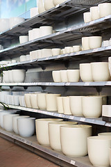 Image showing flower pots on shelves at garden shop