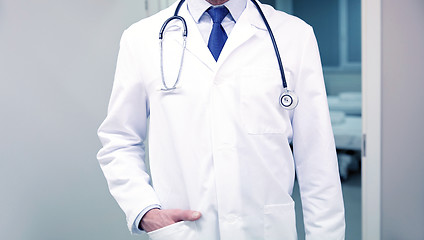 Image showing close up of doctor with stethoscope at hospital