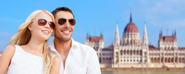 Image showing happy couple over house of parliament in budapest