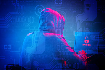 Image showing Hooded computer hacker stealing information with laptop