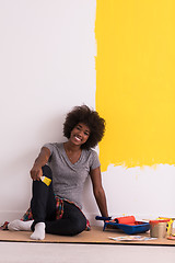 Image showing back female painter sitting on floor