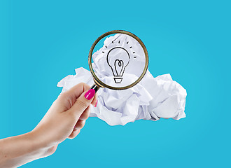 Image showing Inspiration concept crumpled paper light bulb metaphor for good idea